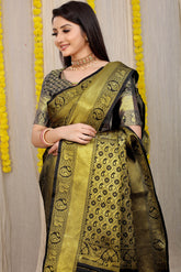 Unveiled Elegance Golden Worked Black Heavy Banarasi Saree